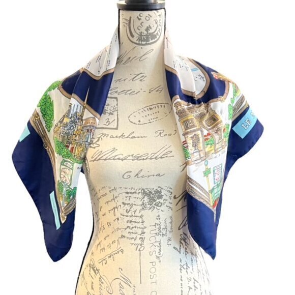 Paris Scarf Blue Gold Polyester 31 x 31 Large Souvenir de Paris Landmarks Travel - Picture 12 of 13